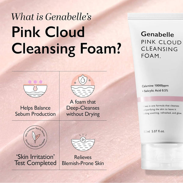 Genabelle Pink Cloud Reinigungsschaum – Mit Calamin & Salicylsäure, Für Klare, Feuchtigkeitsspendende Haut